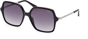 Ochelari de soare supradimensionați, de formă pătrată, cu lentile violet degradé. Dispune de temple metalice argintii și un logo pe cadru. Material plastic neted.