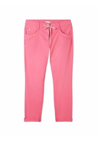 Pantalon décontracté rose avec poches avant et arrière, taille à cordon de serrage et revers retroussés.