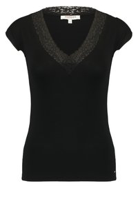 T-shirt nera con scollo a V e maniche corte, rifinita con pizzo attorno al collo e dal design aderente. Realizzata in tessuto morbido e elasticizzato. Taglia S.