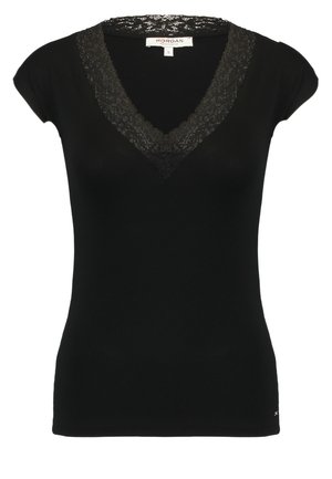 Schwarzes V-Ausschnitt-T-Shirt mit kurzen Ärmeln, Spitzenbesatz am Ausschnitt und figurbetontem Design. Hergestellt aus weichem, dehnbarem Material. Größe klein.