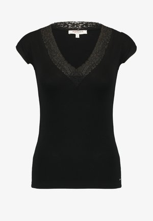 Czarny t-shirt z dekoltem w serek, krótkimi rękawami, koronkowym wykończeniem wokół dekoltu i dopasowanym krojem. Wykonany z miękkiego, elastycznego materiału. Rozmiar mały.