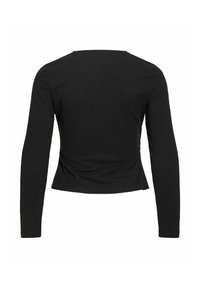 Μαύρο εφαρμοστό πουκάμισο με μακριά μανίκια και ευθεία λαιμόκοψη, εμφανίζεται από πίσω με φόντο λευκό.