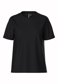 Svart kortärmad T-shirt, rund hals, slät yta, lätt vikt vid ärmsluten, tillverkad av lätt material, enkel och ren design.