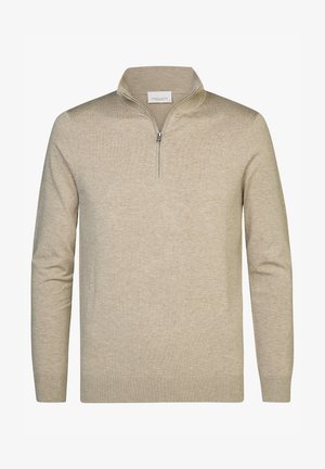 Maglione beige a maniche lunghe in maglia con collo con mezza cerniera e polsini e orlo a coste, realizzato in un tessuto morbido.