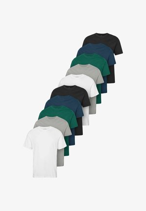 Dziesięć gładkich t-shirtów z krótkim rękawem i okrągłym dekoltem w kolorach czarnym, granatowym, zielonym, szarym i białym, ułożonych w dwóch przesuniętych pionowych rzędach.