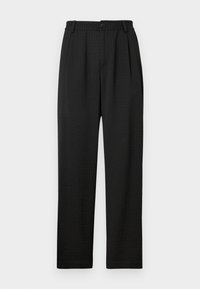 Pantalons noirs avec un motif texturé, dotés d'une large ceinture avec un bouton et de plis à l'avant pour un ajustement sur mesure. Design à jambe droite.
