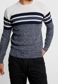 Navy and white striped knit sweater with textured pattern, round neckline, and ribbed cuffs. Body features a speckled navy design.