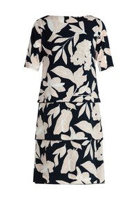 Blumenkleid mit kurzen Ärmeln, marineblauem Hintergrund und hellbeigen Blumen- und Blättermustern; schichtendes Design und leichtes Material.