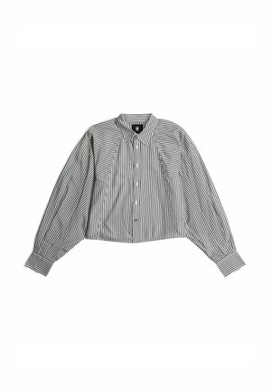 Korte button-up shirt met verticale zwart-witte strepen, een kraag en lange mouwen met manchetafwerking en een zachte stoftextuur.