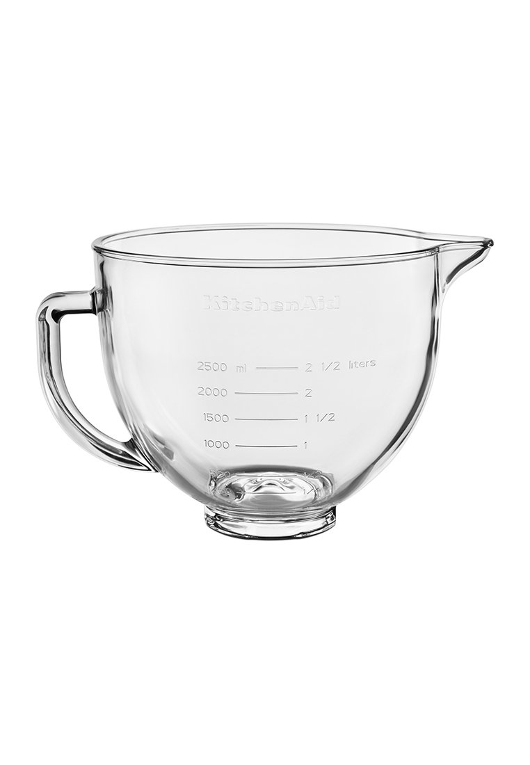 Przezroczysta szklana miska do mieszania z uchwytem, z oznaczeniami pomiarowymi (aż do 2500 ml) i wylewką. Gładka tekstura z zaokrąglonym kształtem.