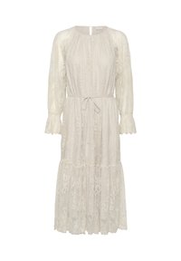 Robe midi en dentelle ivoire avec manches longues bouffantes transparentes, encolure ronde, ceinture à la taille et ourlet à volants.