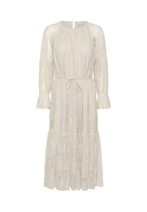Gebroken-witte kanten midi-jurk met lange doorschijnende pofmouwen, ronde halslijn, tailleband en gerimpelde zoom.
