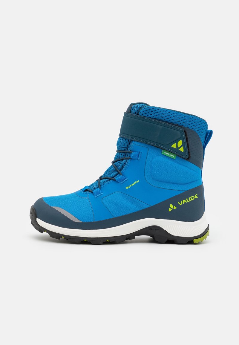 Blue hiking boot with a synthetic upper, mesh accents, lace closure, and rubber sole. Features a padded collar and logo detailing.