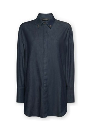 Camicia di jeans a maniche lunghe di colore blu scuro con colletto button-down decorato con piccole borchie metalliche a forma di fiore.