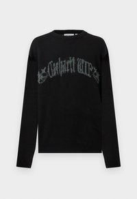 Μαύρο πουλόβερ με μακριά μανίκια και στρογγυλή λαιμόκοψη, με ξεθωριασμένο γκρι γοτθικό κείμενο "Carhartt WIP" σε τόξο στο στήθος.