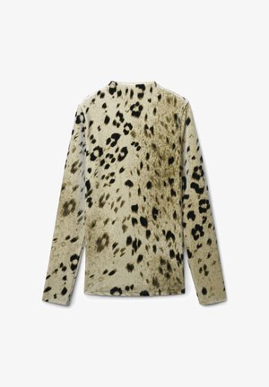 Top a maniche lunghe in un tessuto beige chiaro con un motivo animalier nero e marrone. Texture morbida con un fit rilassato e scollatura a girocollo.