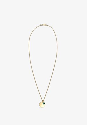 Collier doré avec une chaîne fine, présentant un pendentif circulaire à finition brillante et une petite pierre d'accent bleue.