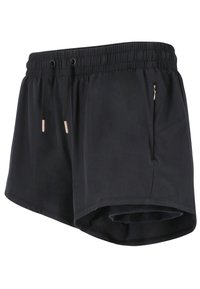Pantalones cortos deportivos negros con textura de malla, cinturilla elástica con cordón y bolsillos laterales con cremalleras metálicas.
