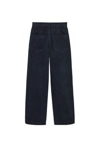 Pantalons en velours côtelé à jambes larges de couleur bleu marine foncé avec des rayures verticales, comportant deux poches arrière et une surface texturée.
