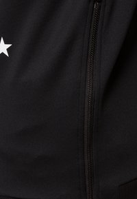 Gros plan sur un tissu noir avec une fermeture éclair noire et une étoile blanche partiellement visible sur le côté gauche.