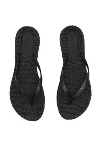 Flip-flop neri con suola tessuta e texturizzata e cinturini piatti e lisci. Presenta il logo del brand sulla soletta. Design semplice e funzionale.