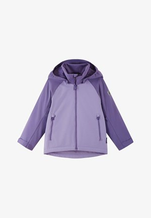 Fioletowa dziecięca kurtka z kapturem, z przednim zamkiem błyskawicznym, dwoma zamykanymi na zamek kieszeniami bocznymi oraz długimi rękawami.