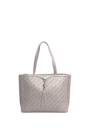 Bolsa tote beige con doble asa, patrón diagonal del logo "don algodon" y cierre metálico frontal con detalle de borla de cuero.