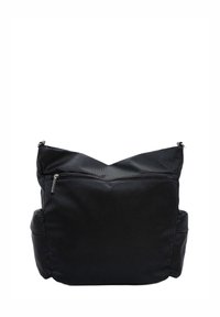 Borsa in tessuto nero con superficie texturizzata, dotata di una parte superiore con zip e una tasca frontale. Forma arrotondata e tasche laterali doppie per ulteriore spazio di archiviazione.