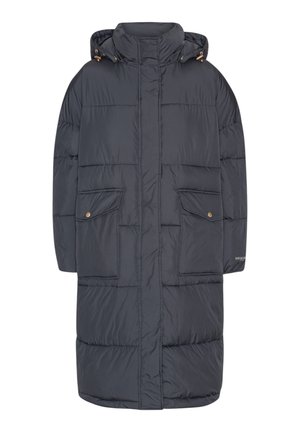 Tmavě šedý zateplený kabát s kapucí, s uzavíráním na zip a knoflíky, dvěma předními kapsami a akcenty v světlém zlatě.