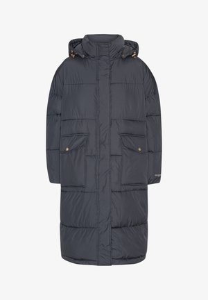 Donkergrijze pufferjack met een capuchon, voorzien van een rits- en knoopsluiting, twee voorzakken en lichtgouden accenten.