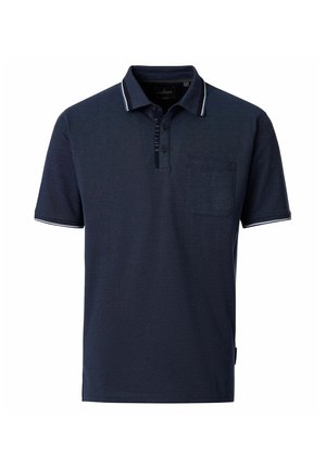 Marineblaue kurzärmelige Poloshirt mit kleiner Brusttasche, Knopfleiste und weißem Besatz am Kragen und an den Ärmelenden.