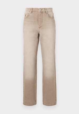 Jeans de denim bege com um efeito ligeiramente desbotado, design de perna reta, estilo de cinco bolsos e fecho com botão de metal na cintura.