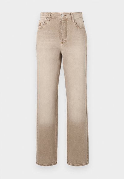 Beige denim jeans with a slightly faded effect, straight leg design, five-pocket style, and a metal button closure at the waist.