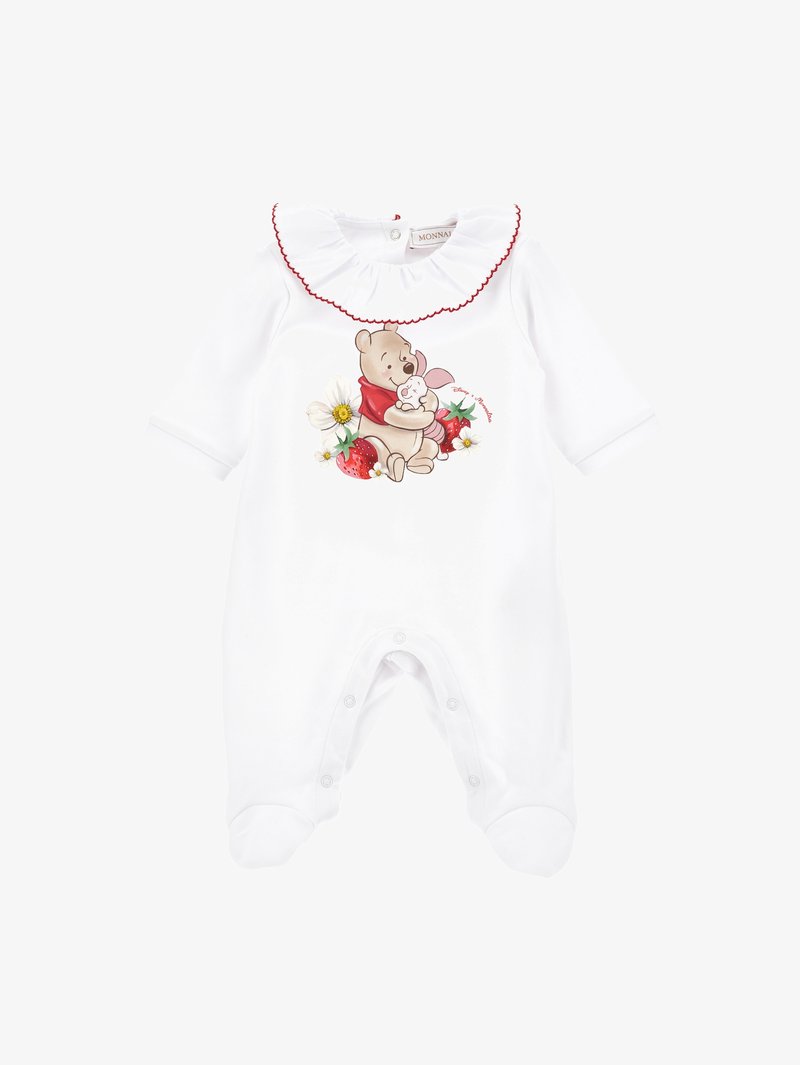 Body blanc pour bébé à manches longues, col froufrouté, avec une illustration de Winnie l'Ourson en train de câliner Porcinet, entourés de fraises et de fleurs.