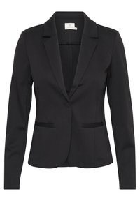 Schwarzer Blazer aus gewebtem Stoff, mit klassischem Revers, einer einzelnen Knopfschließe und zwei vorderen Taschen mit dezenten Akzenten.