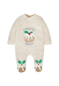 Tejfehér bébi body, rajta a "Pudding első karácsonya" felirattal, ünnepi puding és tiszafa bogyó díszítéssel a mellrészen és a lábfejeken.