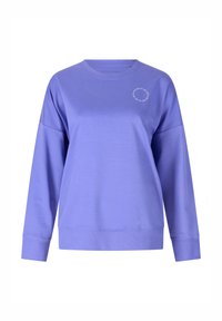 Felpa crewneck viola in morbido cotone misto. Presenta un design con spalle scese e una piccola grafica testuale circolare sul petto.