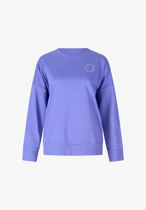 Lila Crewneck-Sweatshirt aus weichem Baumwollmix. Verfügt über einen Drop-Shoulder-Schnitt und ein kleines, rundes Textmuster auf der Brust.