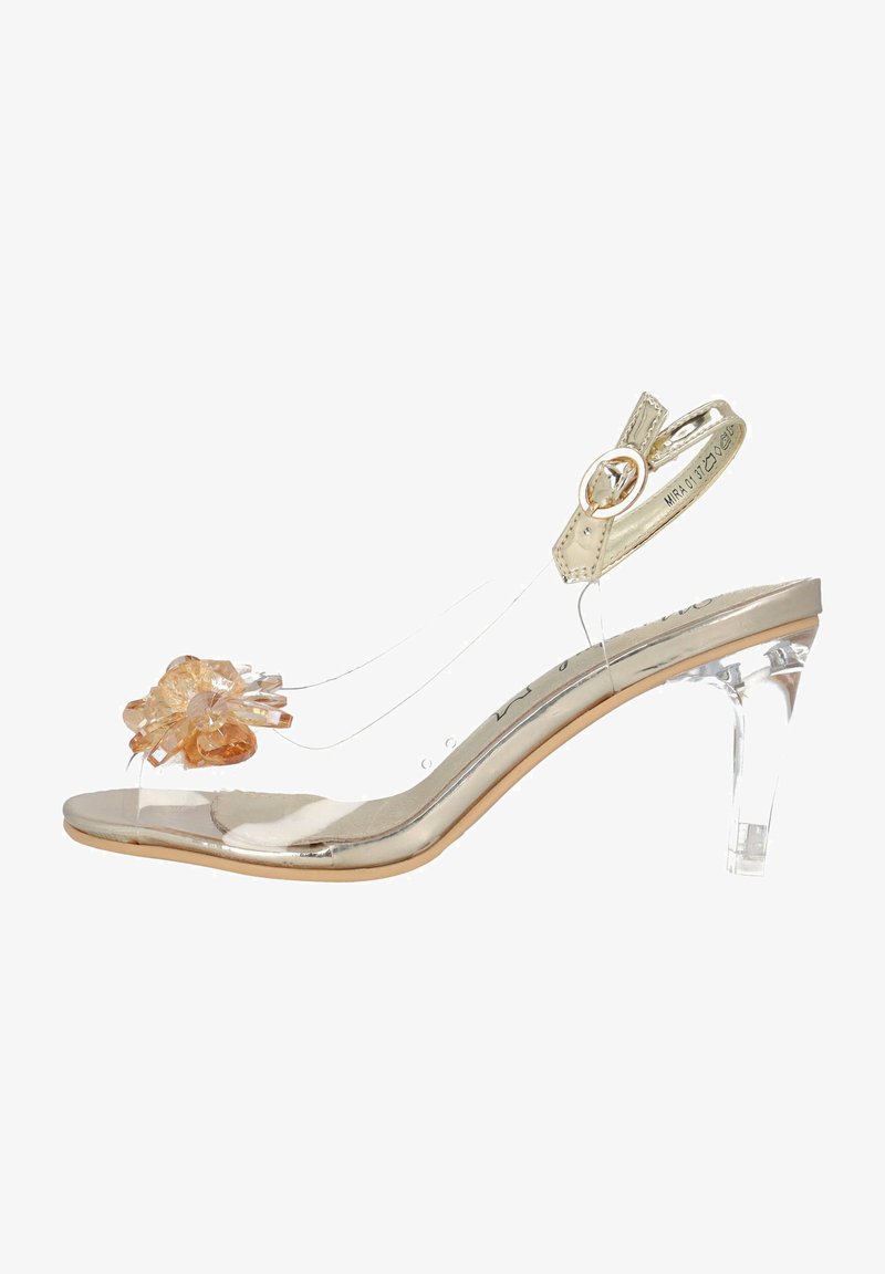 Sandales à talons transparents avec une bride métallique dorée, un dessus transparent, un accent floral en brun clair et un talon en bloc transparent de 6,5 cm.