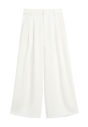 White wide-leg trousers with front pleats, side pockets, and a high waistband.