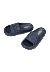 Navy blue slide sandals made of textured rubber. Features open toe design and honeycomb pattern for grip and comfort. Light and flexible.