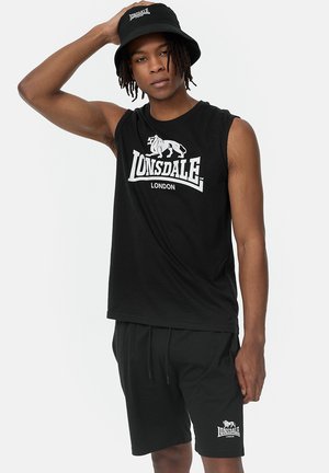 Black sleeveless shirt and shorts set with a white logo. The bucket hat is also black, featuring the same logo on the front.