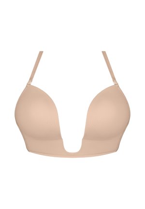Nude plunge-bh met gladde, gevormde cups, verstelbare bandjes en een diepe uitsnijding aan de voorkant. Gemaakt van zachte stof met een naadloos ontwerp.