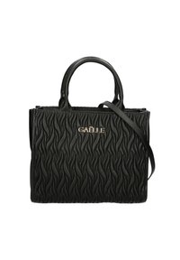 Borsa nera con un motivo testurizzato ondulato, caratterizzata da manici superiori e una tracolla removibile. Logo in tono oro sul davanti.
