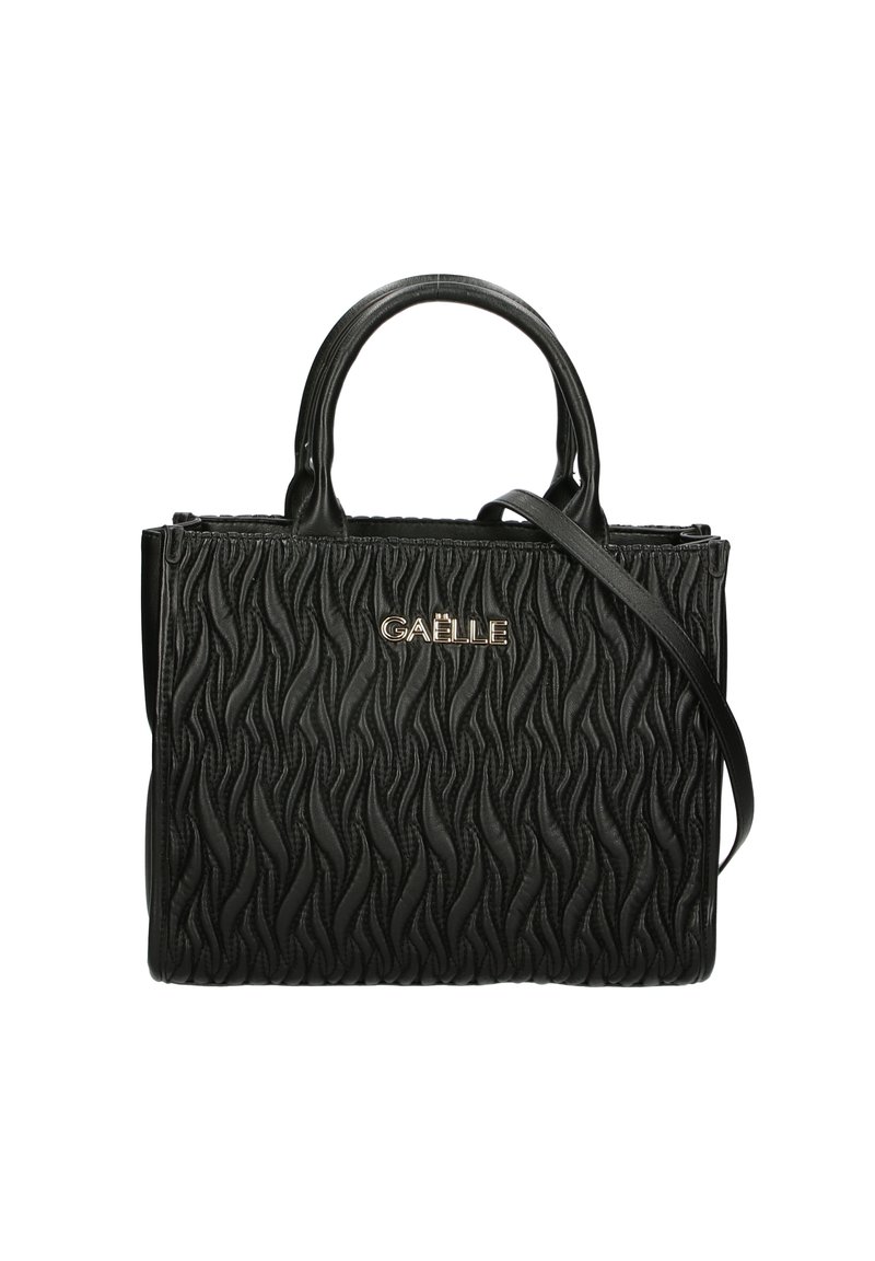 Borsa nera con un motivo testurizzato ondulato, caratterizzata da manici superiori e una tracolla removibile. Logo in tono oro sul davanti.