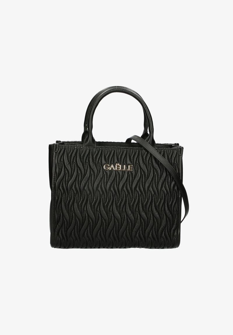 Borsa nera con un motivo testurizzato ondulato, caratterizzata da manici superiori e una tracolla removibile. Logo in tono oro sul davanti.