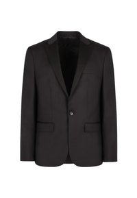 Blazer nero con rever a punta, chiusura a bottone singolo, due tasche frontali e texture del tessuto liscia. Design classico e sartoriale.