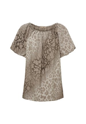 Løs bluse med korte ærmer med beige og lysebrunt dyreprint og rynket halsudskæring.
