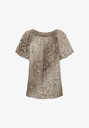 Løs bluse med korte ærmer med beige og lysebrunt dyreprint og rynket halsudskæring.