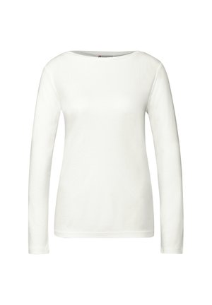 White long-sleeve top with a round neckline, made from a soft, smooth fabric. Features a simple design without patterns or accents.